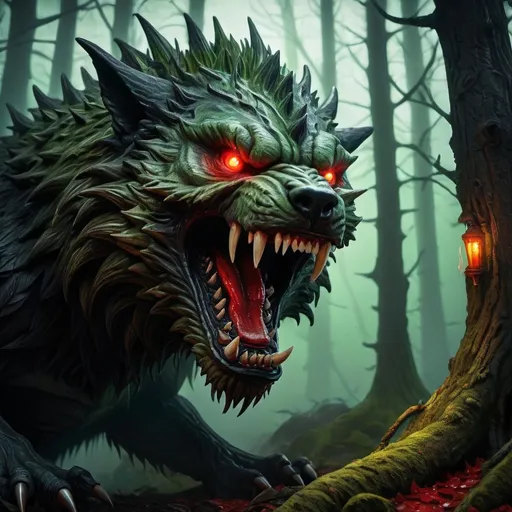 Prompt: Warhammer fantasy RPG style horror monster, haunting, unnatural, blood dripping from jaw, bristly fur, highly ultra realistic, detailed wide open jaws, long spiky teeth, fearful expression, oil painting, dark and ominous atmosphere, intricate bark textures, haunting black and green hues, mystical forest setting, piercing red glowing eyes, ancient and weathered appearance, best quality, highly detailed, fantasy, dark atmosphere, intricate textures, mystical forest, glowing eyes, ancient appearance, haunting colors, professional, dramatic lighting