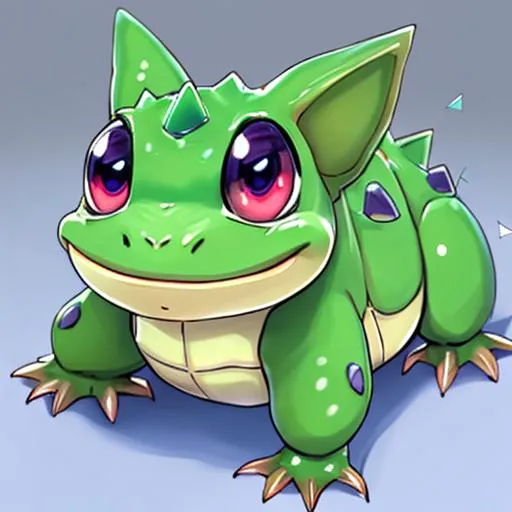 Prompt: HD, High Quality, 5K, Anime, Pokemon, Bulbasaur, blue-green quadrupedal amphibian, green plant bulb on back,  blue skin with darker patches, It has red eyes with white pupils, pointed, ear-like structures on top of its head, and a short, blunt snout with a wide mouth, A pair of small, pointed teeth are visible in the upper jaw when its mouth is open, Each of its thick legs ends with three sharp claws, On Bulbasaur's back is a bright green circular plant bulb that conceals two slender, tentacle-like vines, which is grown from a seed planted there at birth, The bulb also provides it with energy through photosynthesis as well as from the nutrient-rich seeds contained within, forest, Pokémon by Frank Frazetta