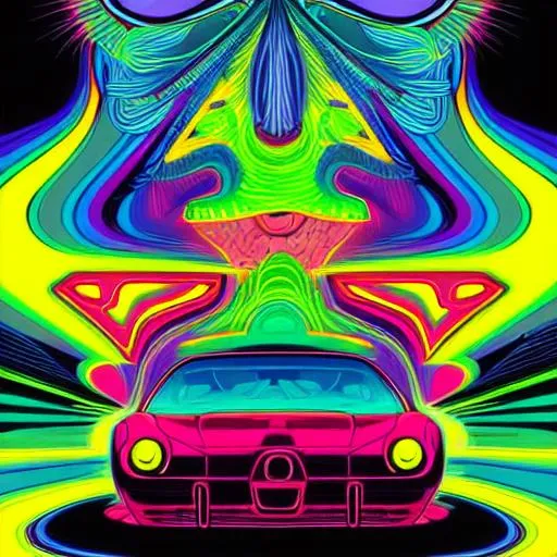 Prompt: Hypnotic illustration of {A Super Car}, hypnotic psychedelic art by Dan Mumford, pop surrealism, dark glow neon paint, mystical, Behance