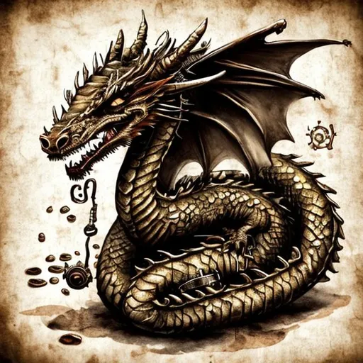 Prompt: dragon steampunk with coffee spill art