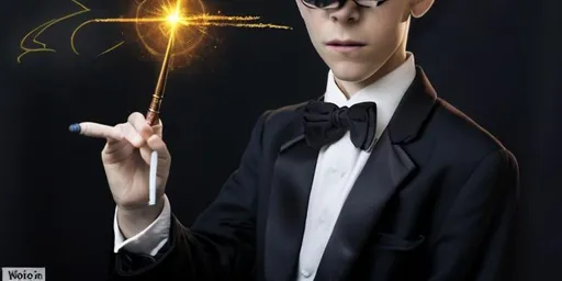 Prompt: 13 year old boy in a tuxedo casting a crazy magic spell from the outside of a bathroom stall with his magic wand, but the spell he cast happens on the inside of the bathroom stall because he cast the spell on the person inside who is warring a T shirt 
