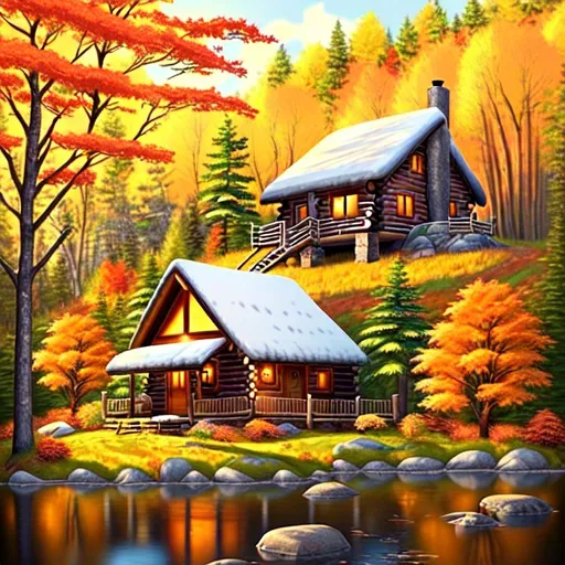 Prompt: Create a landscape artwork of a cozy cabin nestled in a peaceful forest setting. Use warm colors to capture the feeling of a sunny autumn day, and include elements such as trees, leaves, and wildlife to bring the scene to life. The cabin should be the focal point of the artwork, so make sure to emphasize its rustic charm and natural beauty. You can use any style or medium you like, but aim to capture the serene and tranquil atmosphere of a quiet woodland retreat.