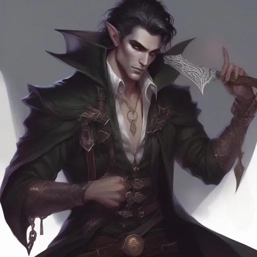 Prompt: male fey elf dnd arcane trickster hi res, vampire hunter d looking elf, picking lock with magic, dark hair, badass
