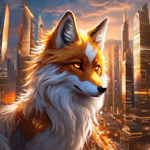 Prompt: (masterpiece, 2D, hyper detailed, epic digital art, professional illustration, fine colored pencil), Adolescent runt ((kitsune)), (canine quadruped), nine-tailed fox, dreamy amber eyes, fuzzy {white-gold} pelt, (golden necklace with brilliant orange gemstone), pointy brown ears, in a large futuristic city, skyscrapers tower above her, misty rain, clear puddles on floor, the city lights up against twilight, possesses ice, timid, curious, cautious, nervous, alert, expressive bashful gaze, slender, scrawny, fluffy gold mane, {frost} on face, dynamic perspective, frost on fur, fur is frosted, sparkling ice crystals in sky, sparkling ice crystals on fur, sparkling rain falling, frost on leaves, dreamy, melodic, highly detailed character, petite body, large ears, full body focus, perfect composition, trending art, 64K, 3D, illustration, professional, studio quality, UHD, HDR, vibrant colors