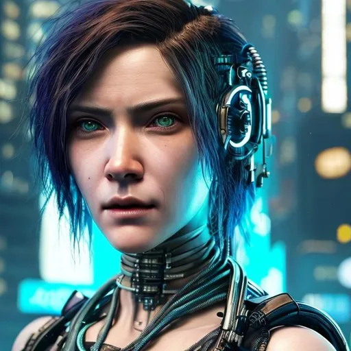 Prompt: A hyper realistic extremely detailed very close up cyberpunk woman.
Woman has red hair and green eyes.


