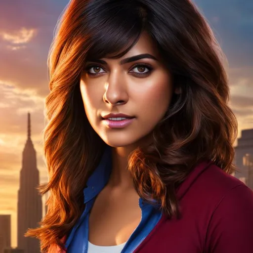 Prompt: High resolution hyperrealistic dynamic image of kamala khan merged with kate bishop, symmetrical detailed photorealistic face, highly detailed, cinematic, uhd, hdr, 64k