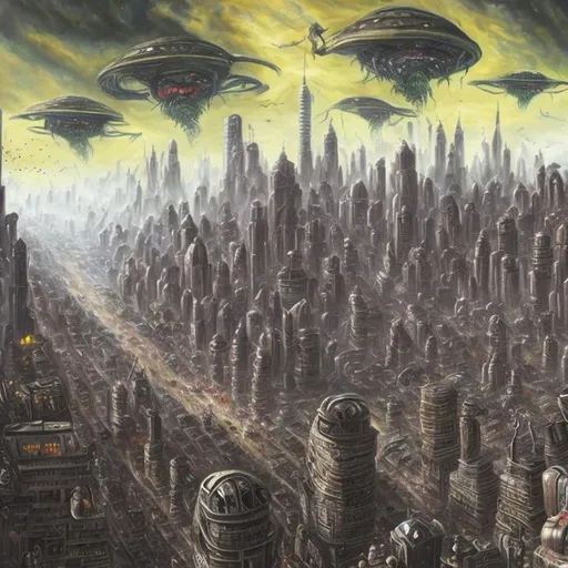 Prompt: aliens invading city, violence, painting, detailed