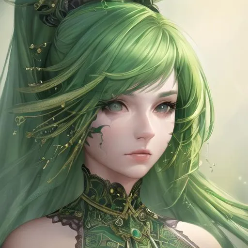 Prompt: Portrait of {character} with green hair and with cute face, {background}, perfect composition, hyperrealistic, super detailed, 8k, high quality, trending art, trending on artstation, sharp focus, studio photo, intricate details, highly detailed