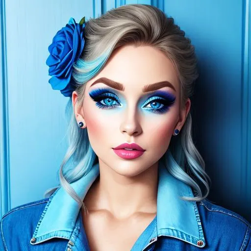 Prompt: A woman all in blue, blue eyes, pretty makeup