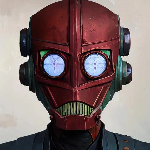 Prompt: a rusted robot head that is stylized from star wars, but the coloring is from the 1950s and the head is wearing a paper boat diner hat on top of the head. The mouth is a circular microphone speaker box and the eyes are white circular vintage headlights emitting light. the face color is metal white with red accents. The expression is happy