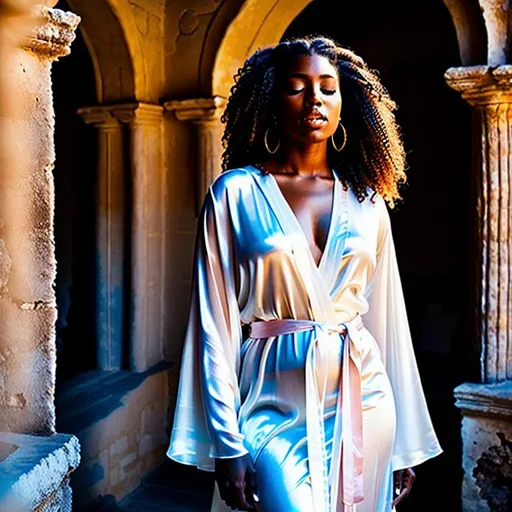 Prompt: (Hyperrealistic highly detailed photography of an ebonian woman singer singing)
Beautiful, young, inspiring, moving, innocent, emotional, closed eyes. White translucent silk robe. Old ruins. Tribal. Early morning, sunrise. Pink sky.