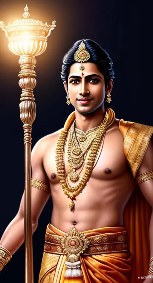 Prompt: potrait of king lord Rama, indian king,god , full realistic potrait, short hair,intricately detailed, charming and cute,dramatic highly detailed, digital painting, artstation, indian man, sharp focus, illustration,elegant, kind ,gentle,beautiful, godly soothing smile and royal indian look,royal dhoti, glow,king, lighting art by artgerm 