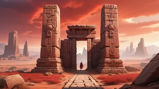 Prompt: ancient ruins in foreground, carved alien symbols on stone pylons, ancient stone city in the distance surrounded by a fortified wall, ancient  megalith architecture, planet mars setting, sky filled with red clouds, a huge earth-like planet hangs in the sky, highly detailed, photo realistic