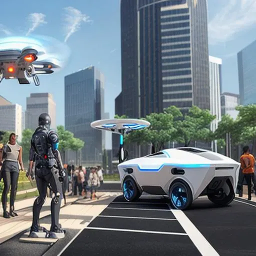 Prompt: "Design a futuristic street scene with high-tech vehicles, flying drones, and cybernetically enhanced individuals.  