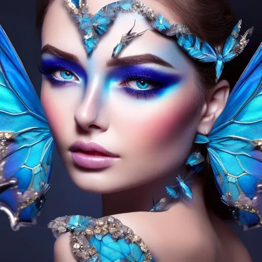 Prompt: Blue gem crystal butterfly makeup on middle of face cinematic picture