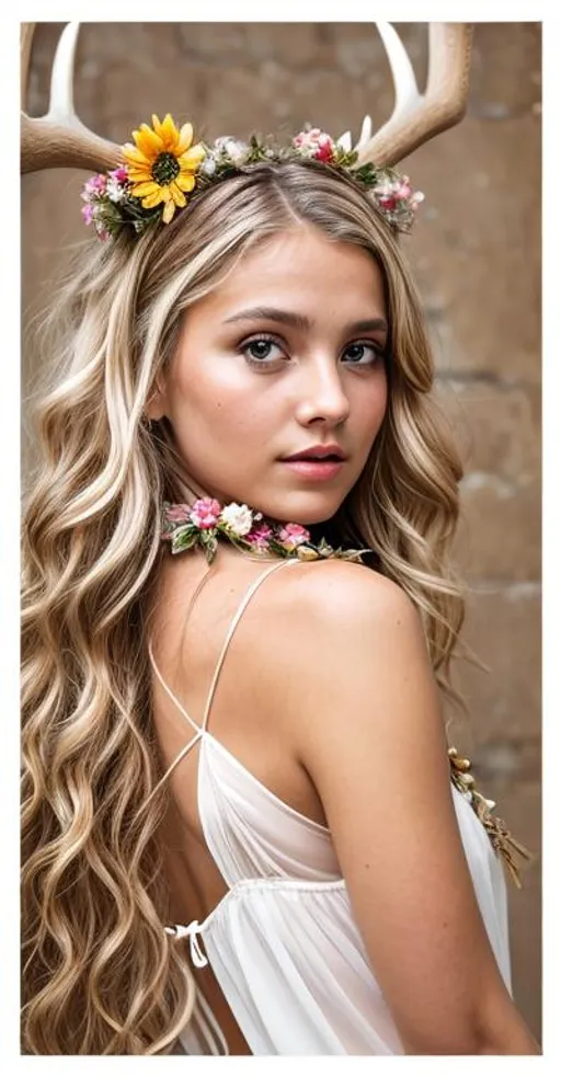 Prompt: Blond girl with flowers in her hair, antlers, crucifix around her neck, wearing a Greek dress