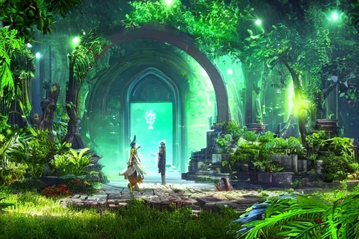 Prompt: ancient portal with old decorate,realistic green plants big leafs, growning on the portal surface, depth of field, cyberpunk fairy in the background, isometric fantasy