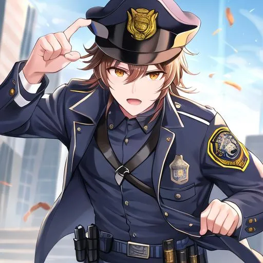 Prompt: Caleb as a police officer in a gunfight bullets flying
