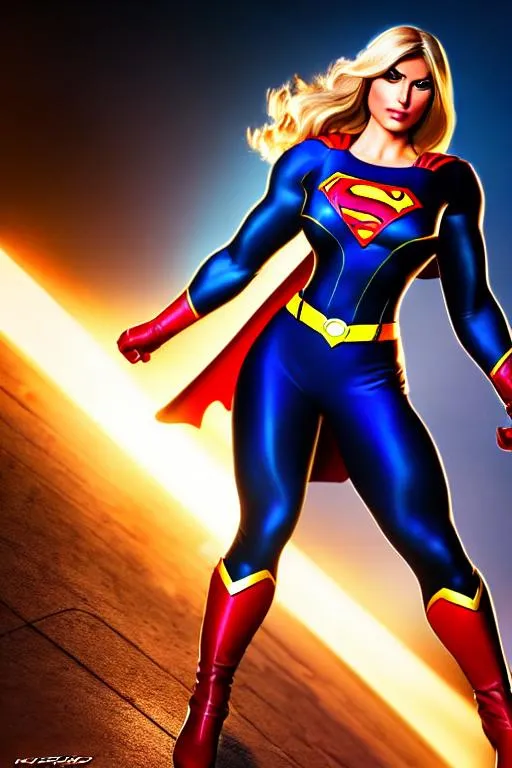 Prompt: realistic detailed image of a curvy, muscular supergirl in a dark alley at night, blond hair, scowl, highly detailed, digital painting, Trending on artstation, HD quality