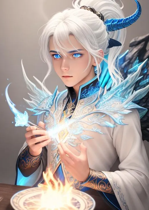 Prompt: intricate crystalized blue dragon horns, ombre white hair, glowing runic eyes, unique colored eyes, 19yo boy, handsome, ponytail, intricate clothes, glowing wings of fire, fantasy, DnD mage, caught on blue fire, blue burning luminescence, blue fire burning on body, concept art, 4k, HDR, symmetrical, fullbody, ((full body)) {{good looking}} {{cute}} {{good body}} {{tight}}, {{shadows}},