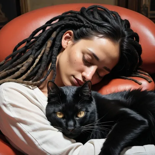 Prompt: a black cat is sleeping on a person's lap while they both have dreadlocks on their head, Dali, vanitas, eyes closed, a photorealistic