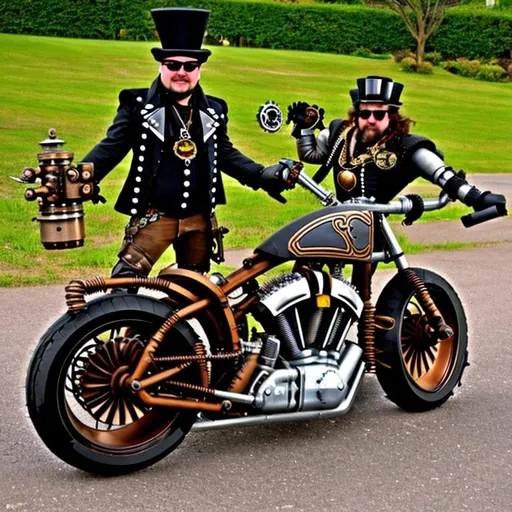 Prompt: steampunk robot biker with super cool steampunk motorcycle