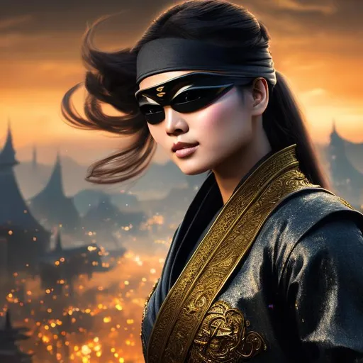 Prompt: create best quality photograph of beautiful female ninja with sunglasses on and also with golden ninja style robes on, night time and beautiful sky as background, detailed face, extremely detailed environment, extremely detailed background, extremely detailed skin, extremely detailed clothing, natural colors , professionally color graded, photorealism, 8k, realistic, moody lighting, galactic environment, volumetric lighting