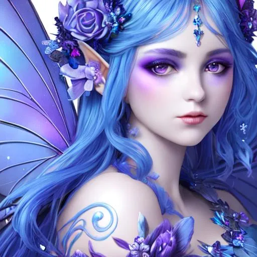 Prompt: fairy goddess , blue and purple colors, closeup