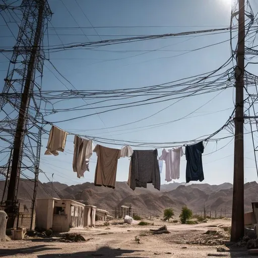 Prompt: washed clothes loaded on a high-voltage wire, extremely detailed, strong sunlight, 8K