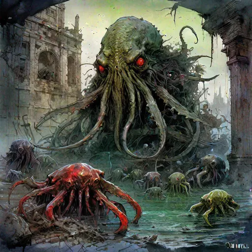 Prompt: Dead Cthulhu rising : scary ruins of R'lyeh with zombie like fish and crabs : dark and gritty : crayon Caricature : by Jean Baptiste monge : Ismail Inceoglu : Karol Bak : Tyler Edlin : album art : anthromorphic : character design : detailed crayon, vivid colors, hyperdetailed, whimsical background, hyperrealism, photorealism, a masterpiece, by Greg Rutkowski, trending on artstation