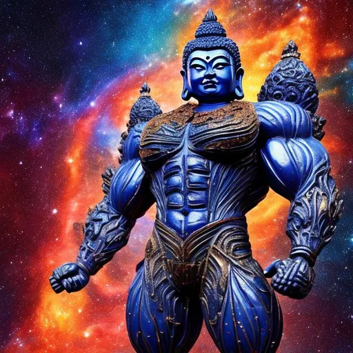 Prompt: lazurite armored bodybuilding buddha, widescreen, infinity vanishing point, spiral galaxy nebula background