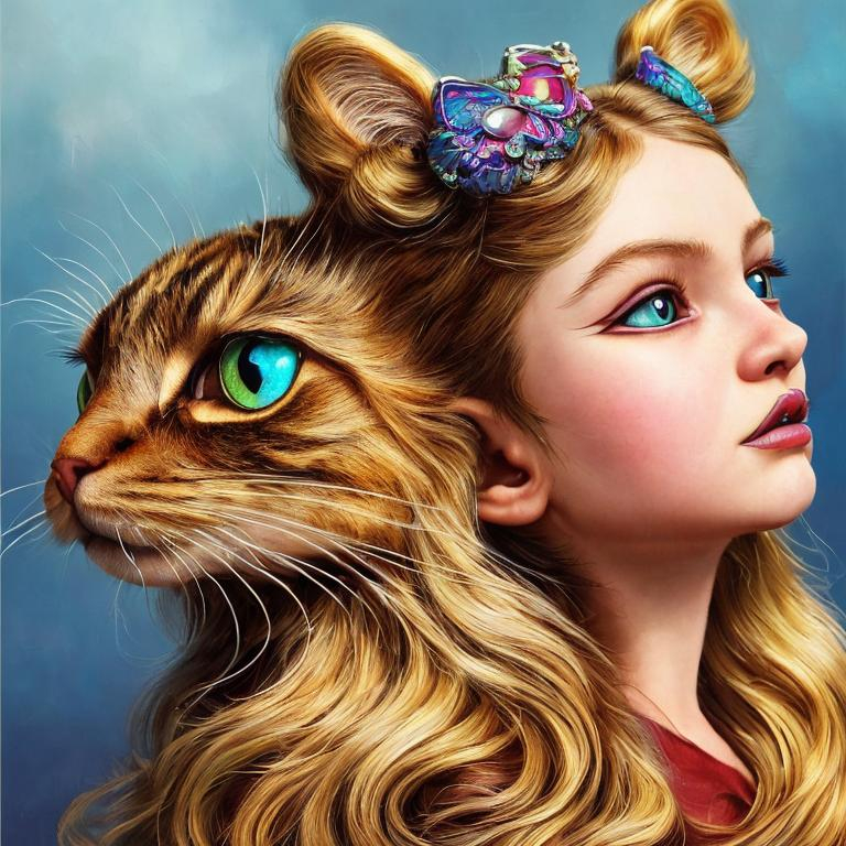 A wicked cool cute girl with cat face, metallic colo... OpenArt