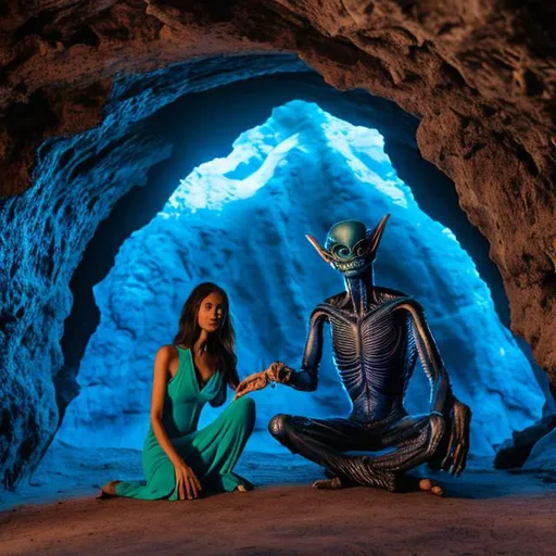 Prompt: Alien Woman in a Blue Dress and an Alien Man in a blue jumpsuit sitting in Cave.
