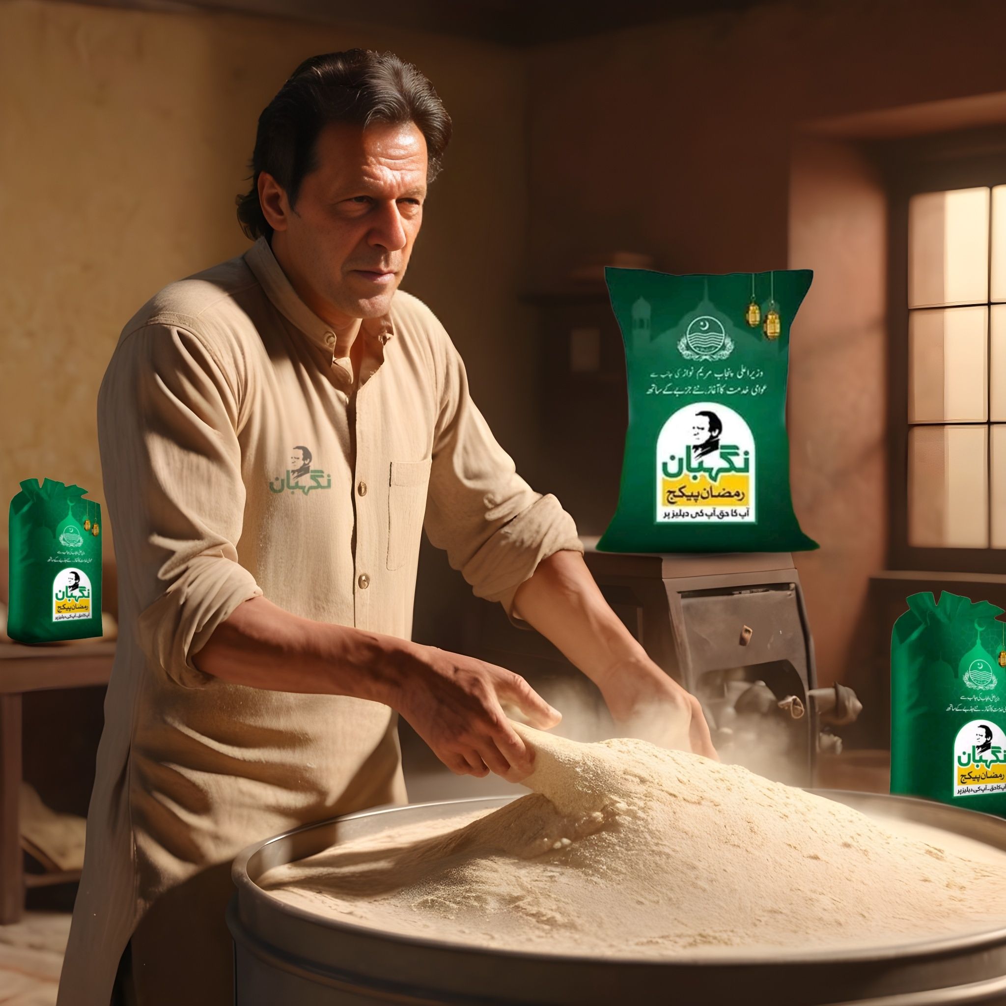 Prompt: Imran Khan PTI Making Ramadan Flour for Pakistani People's 