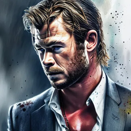 Prompt: chris Hemsworth, hyper realistic, water color ,stoic look, in a suit, HD, 4K, Photo realistic