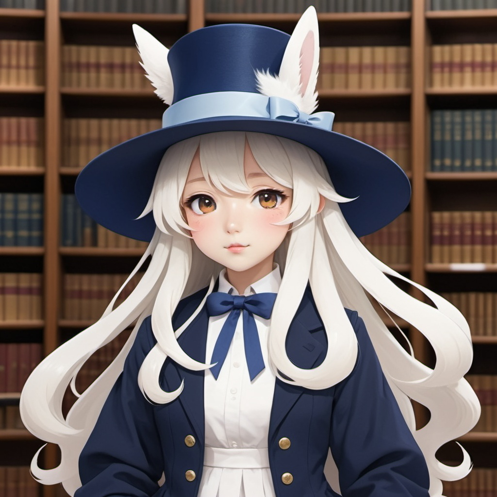 Image AI: Open Art: Carbuncle with ice-white fur and flowing locks of hair with a navy blue ribboned hat and princess school outfit background library , in japan minimalist art style