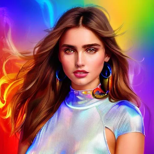 Prompt: Ana de armas, chakras, Alphonse Mucha, Luis Royo, Joyce ballantyne, rainbow hair