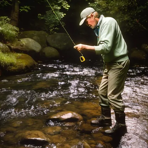 Prompt: Color image, 30-40 year old male, flyfishing in a rocky / boulder smaller river, view from behind the man at a distance so the a wide wooded background is in view. Fisherman is in a back swing of perfect cast in motion, rod clearly showing on the side of his head, detailed, realistic, professional, serene, natural lighting.
Same as above with more background above
