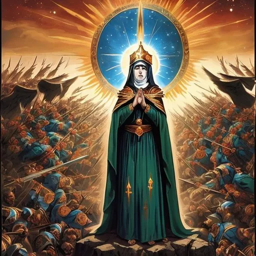 Prompt: magnificent to witness vast war and armies. BEHOLD the great sign appearing in the heavens! A Palestinian Virgin clothed all about with the sun, the moon under her feet, and a crown of twelve stars around her head. she commands the terrible, immense armies arrayed with banners of war