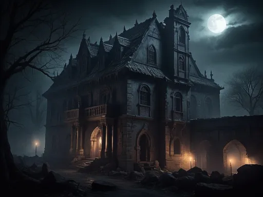 Prompt: Warhammer-style eerie night scene, haunted building, mystical atmosphere, high quality, detailed architecture, fantasy, dark tones, eerie lighting, gothic, foggy ambiance, moonlit shadows, ominous presence, ancient ruins, mystical runes