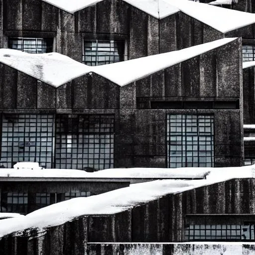 Prompt: Multiple brutalist architecture buildings on the side of a snowy mountain.