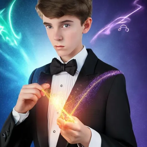 Prompt: 16 year old boy in a tuxedo in a park casting a sparkly magic spell with his magic wand. The magic flys out of the magic wand in the direction he points it