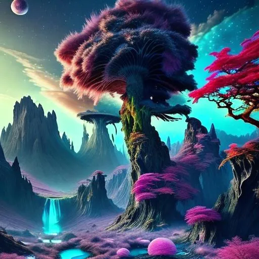 Prompt: Highly detailed fantasy planet landscape, moon, clouds, stars, planets, waterfalls, nebulae, mystical, light shafts, japanese maples, magenta-pink, green-cyan, dark-magenta, electric-blue, trending on artstation, beautiful, tonemapping, fantasy art, digital painting, hyperrealism, hyperdetailed, landscape, photorealistic, dramatic lighting, ray tracing, path tracing, vibrant, full shot