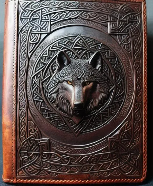 Prompt: A carved leather bookcover about fenris wolf   ,with intricate background details from norse and celtic symbols