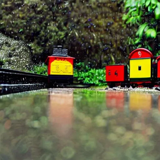 Prompt: Toy train in rain 