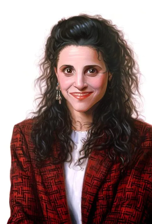 Prompt: Painted portrait of Elaine Benes, attractive, in style of jacques louis david, Elaine Bened, portait, paint, jacques louis david, 