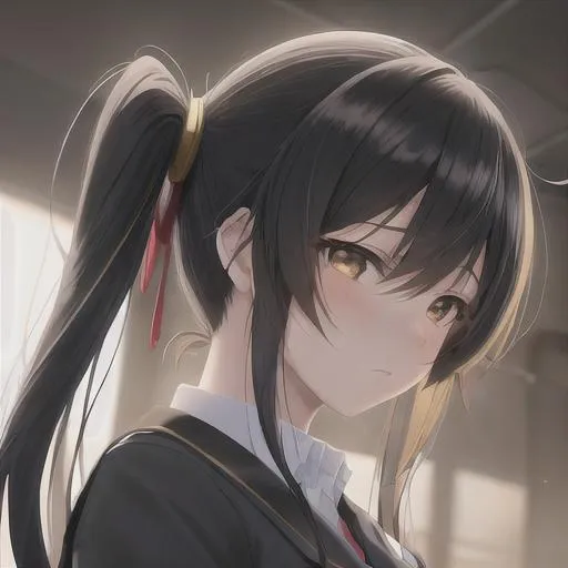Prompt: anime girl, tied up hair, anime style, hyperdetailed, high quality, perfect shading, realistic lighting, golden ratio, perfect composition, black hair, student council, upscaled