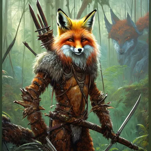 Prompt: Portrait painting, fox-like humanoid warrior with spear and fur armor, in the jungle, dull colors, danger, fantasy art, by Hiro Isono, by Luigi Spano, by John Stephens