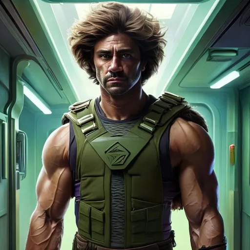Prompt: Oil painting of a man with Polynesian features and light brown hair handsome face, In futuristic storage bay, wearing futuristic military green protective vest over whole torso with no sleeves, purple shorts with bare legs, perfect composition, hype realistic, super detailed, 8k, high quality, trending art, trending on artstation, sharp focus, studio photo, intricate details, highly detailed, by greg rutkowski