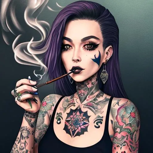 Prompt: ((whole body)) female fully tattooed, smoking a joint, drinking coffee,highest of detail quality, highest face quality, highest hand quality